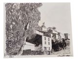 pencil drawing of a house with a tree in front of it