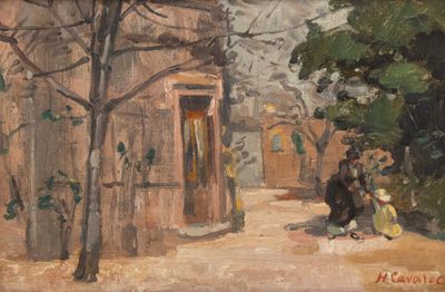 a painting of two people standing outside of a building
