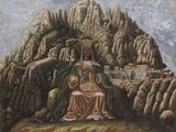 an image of a painting of a woman sitting on a mountain