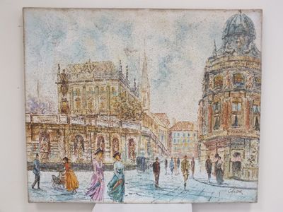 une peinture représentant une scène de rue avec des personnes marchant sur le trottoir