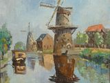 painting of a windmill on a river with boats in the foreground