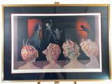 a picture of a painting of three vases with flowers in them