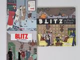 deux livres posés sur une table blanche, sur un sol à carreaux noirs et blancs