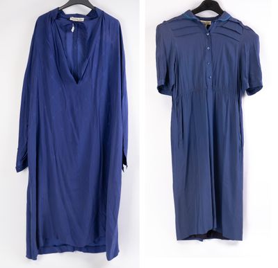 two photos of a blue dress hanging on a hanger