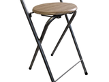 a chair that has a wooden seat on it