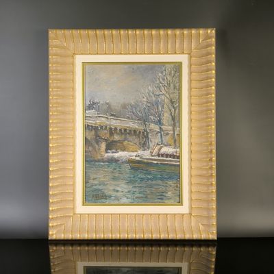 tableau représentant un pont au-dessus d'un plan d'eau, avec de la neige au sol