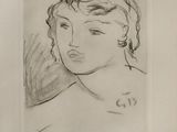 drawing of a woman ' s face in a black and white picture