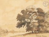 dessin d'un arbre dans un champ, avec le ciel en arrière-plan