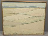 une image représentant un tableau représentant un paysage, dans un cadre en bois