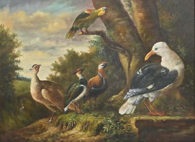 painting of a group of birds in a wooded setting by a tree