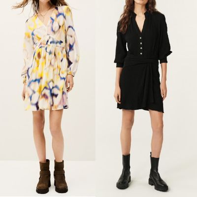 deux femmes en robe et en bottes, debout l'une à côté de l'autre