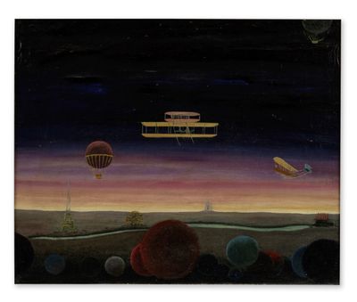 an image of a painting of a plane flying over a field with people watching