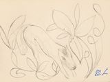 pencil drawing of a horse head with leaves and flowers on a sheet of paper