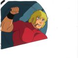 an animation drawing of a man in a red shirt with a fist