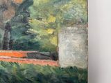 a painting of a park with a bench and trees in the background