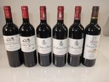 six bottles of red wine lined up on a counter top