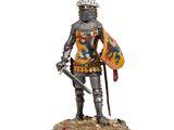 a statue of a knight with a sword and shield on a wooden base