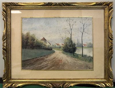 une image représentant une peinture d'un chemin de terre avec une maison au loin