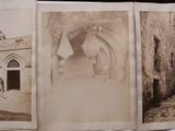 three black and white photos of a narrow alley in an old town