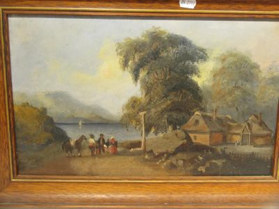 une image représentant un tableau illustrant une scène de village avec des chevaux et des personnages