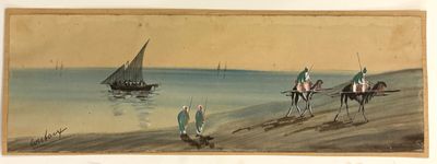 a painting of a group of people riding horses on the beach