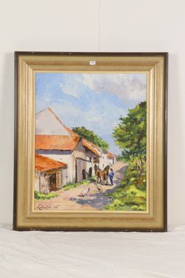 tableau représentant un cheval et une calèche sur une route de campagne, dans un cadre doré