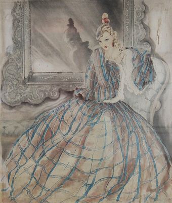 painting of a woman sitting in a chair in front of a mirror
