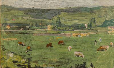 a painting of cows grazing in a field with mountains in the background