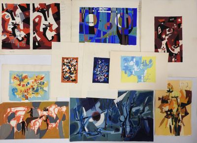 many paintings hanging on the wall of a room