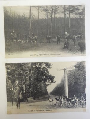 two old black and white photos of people riding horses in a wooded area