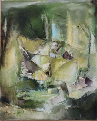 une peinture à l'huile représentant un vase rempli de fleurs posé sur une table