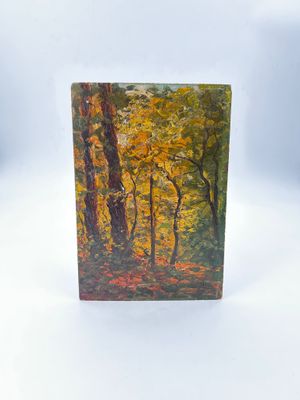 an oil painting of a forest scene with trees and leaves