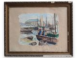 tableau représentant un homme et une femme sur un bateau dans un port