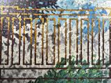 a painting of a building with a tree in front of it