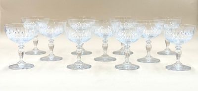 six verres à vin transparents sont alignés sur une surface blanche