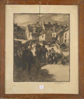 an image of a drawing of a group of people in a village