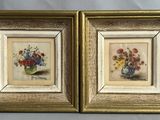 two framed pictures of flowers in a vase on a table