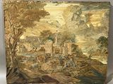 une image représentant un tableau représentant un paysage avec un homme à cheval
