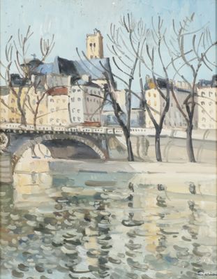 painting of a painting of a bridge over a river with buildings in the background