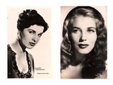 two black and white photos of a woman in a dress and a man in a suit