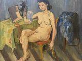 painting of a woman sitting at a table in front of a mirror