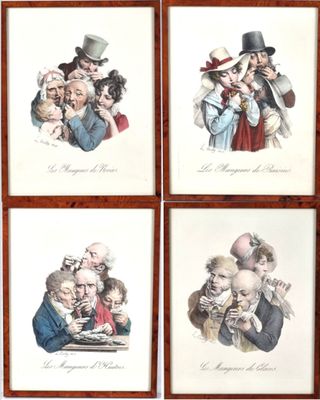 four framed prints of a group of people with hats and tails