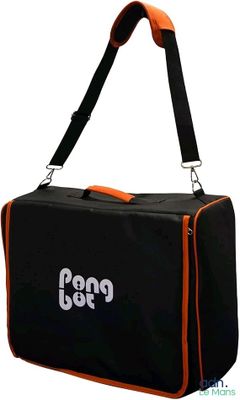an image of a black and orange bag with a logo on it