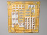 a yellow scarf with a picture of a bunch of food on it