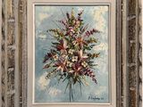 an oil painting of a bouquet of flowers on a blue background
