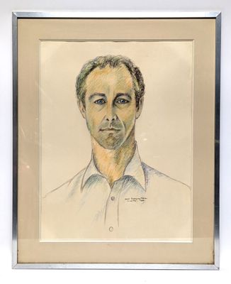 painting of a man in a white shirt in a silver frame