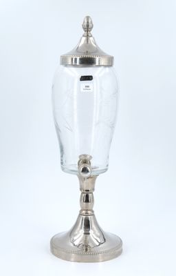 an image of a glass beverage dispenser with a metal base