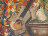a painting of a man with a guitar next to a vase of flowers