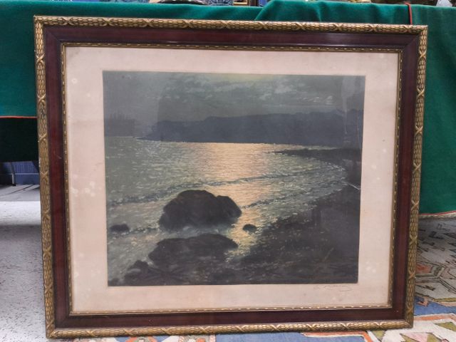 Estampe, vue maritime, signature à identifier. 48 x 58 cm