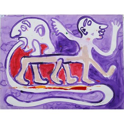 tableau dans les tons violets et rouges représentant une femme et un chien sur un traîneau